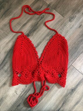 Red Crochet Halter Camisole Top - Women's Summer Knit Bralette